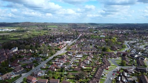 Beautiful aerial shot of rural British town in Wiltshire County on sunny day