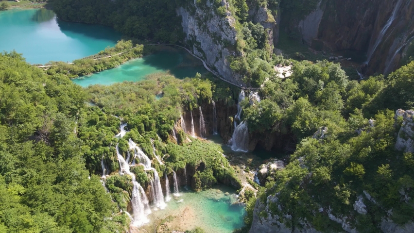 View of the beautiful Plitvice Lakes National Park with many waterfalls. Waterfall cascade in Croatian. Croatian nature Royalty-Free Stock Footage #1089499107