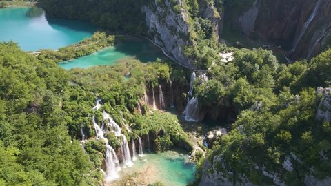 View of the beautiful Plitvice Lakes National Park with many waterfalls. Waterfall cascade in Croatian. Croatian nature