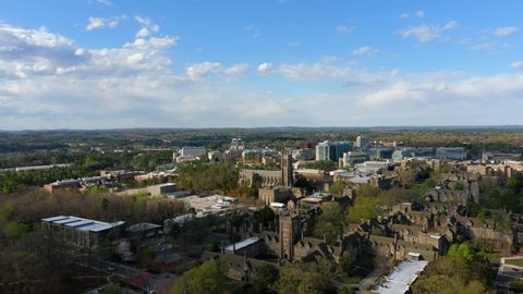 Durham, NC - United States - March 26, 2022: This video shows aerial views of the Duke University campus. 