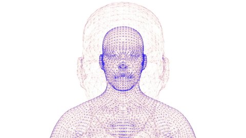 Face Scanning Digital blue hologram future man polygonal head interface body software model on white background Seamless Loop 3D 4K