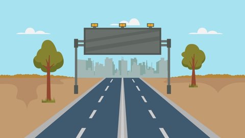 Empty road animation toward the city with blank signboard. Cartoon in 4k resolution