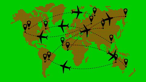 Animated planes fly along a trajectory. Airplane travel. Looped video. Airplane fly from one place to another. Red world map from point pattern on a green background.