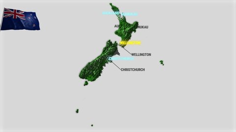 Seamless looping animation of the earth zooming in to the 3d map of New Zealand with the capital and the biggest cites in 4K resolution