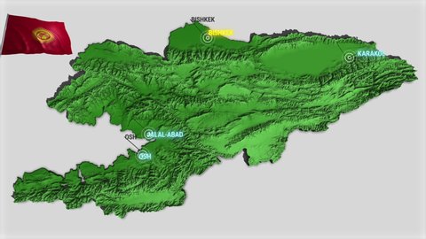 Seamless looping animation of the earth zooming in to the 3d map of Kyrgyzstan with the capital and the biggest cites in 4K resolution
