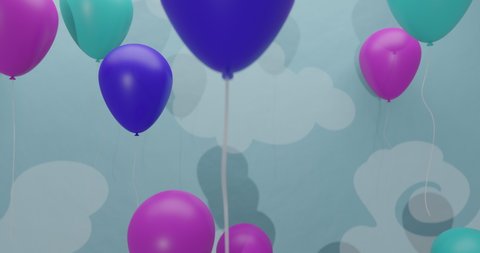 Many balloons on pastel colours rising in the air over a blue background decorated with clouds. 3D render animation