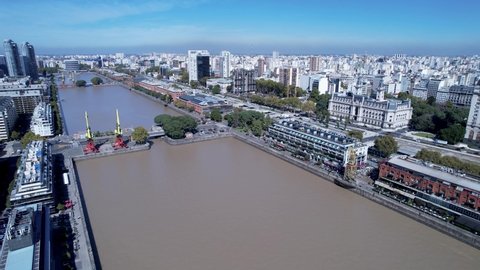 Puerto Madero at Buenos Aires Argentina. Panorama landscape of tourism landmark of city. Tourism landmark. Outdoor downtown city. Urban scenery of Puerto Madero, Buenos Aires Argentina.