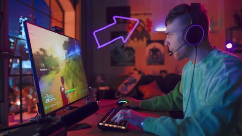 Professional eSports Gamer Plays 3D Shooter Video Game with Lots of Action and Fun on His Powerful Personal Computer at Home. Cyber Gaming Stylish Retro Neon Room. Real Gameplay.