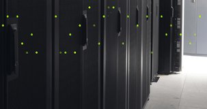 Animation of green numbers falling over servers. computers, data processing and technology concept digitally generated video.