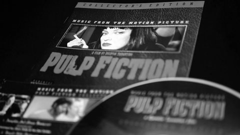 Rome, Italy - May 03, 2019: Detail of CD and artwork of OST of the film PULP FICTION. Second film by director Quentin Tarantino which earned him the Palme d'Or at the Cannes Film Festival