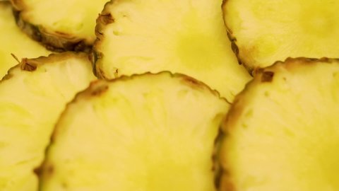 Fresh Delicious Pineapple Slices, Ananas, Rotation, Closeup. Sweet Pineapple Slices, Tropical Exotic Fruits Isolated. Healthy Vitamin Vegetarian Food, Ingredient.