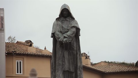 Monument to Giordano Bruno in the Place where he was Executed by the Roman Inquisition, Campo de Fiori (Field of Flowers), Rome, Italy. 4K Resolution.
