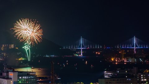Nagasaki, Japan. A night timelapse made from a hill in Nagasaki, Japan, with a view over the entire center, including the bay and the hills. Fireworks over the bay, panning video