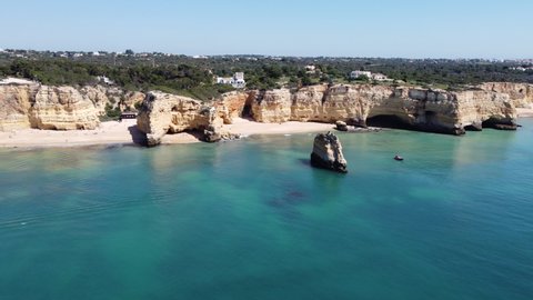 Drone Panning across the beach, Marinha Beach, Algarve, Portugal