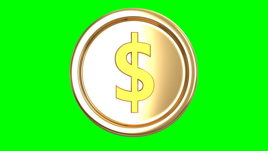 A gold shiny coin with a dollar sign rotates 360 degrees on a green background. 3D animation of a spinning dollar gold coin. Dollar symbol turnaround | Shutterstock HD Video #1089521053