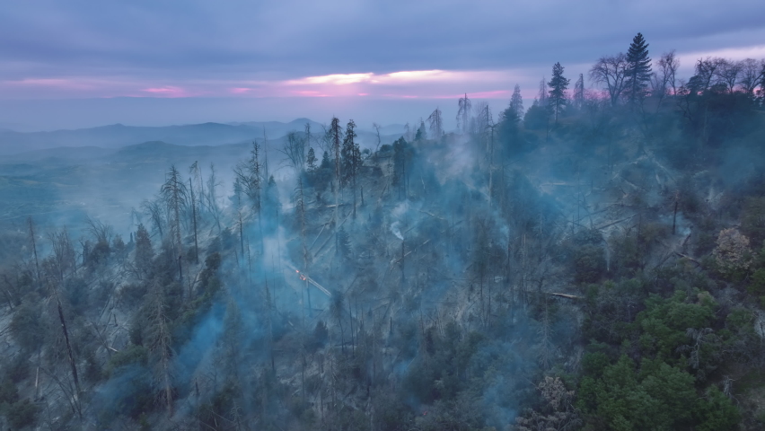 Drone footage of picturesque sunrise over wildfire in mountainous landscape. Devastating disaster for large sequoia trees. High quality 4k footage Royalty-Free Stock Footage #1089521355