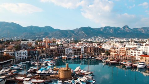 Kyrenia Old Harbour panoramic aerial top view in North Cyprus