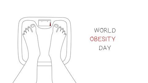 Motion animation outline drawing self-drawn scales, fat male legs appear, and the scales show a lot of weight, the words World Obesity Day appear