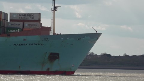 Felixstowe , Suffolk , United Kingdom (UK) - 04 08 2022: The Maersk Kotka ship enters the Port of Felixstowe, Suffolk, UK. 08.04.22