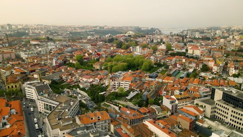 Cobbled town of Porto Oporto Ribeira city Portugal aerial