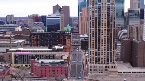 Aerial, empty streets in downtown Minneapolis, Minnesota during COVID pandemic