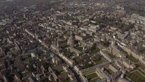 Wide circling drone shot of Bodleian Library building Oxford UK