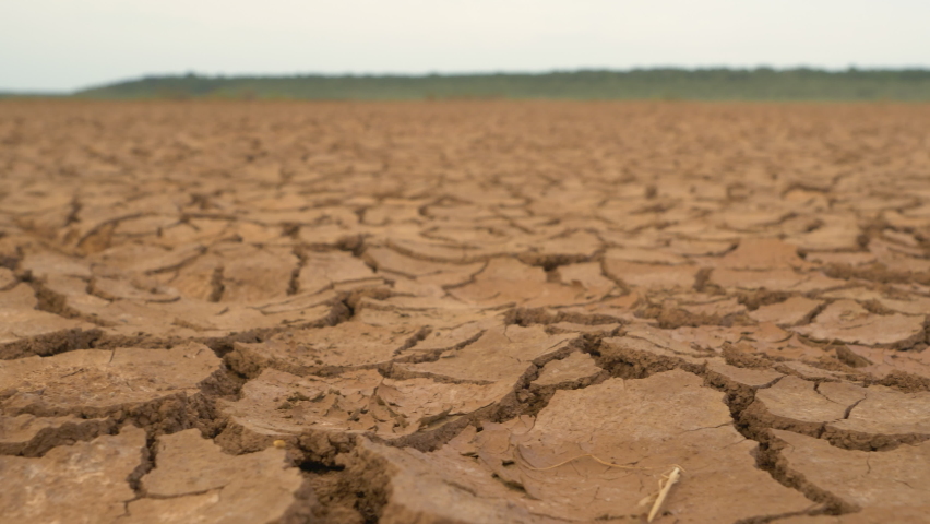 CLOSE UP: Big surface of cracked soil caused by long draught. Brown desiccated landscape with ground cracks and no vegetation. Dry land with crack pattern caused by lack of water. Royalty-Free Stock Footage #1089526369