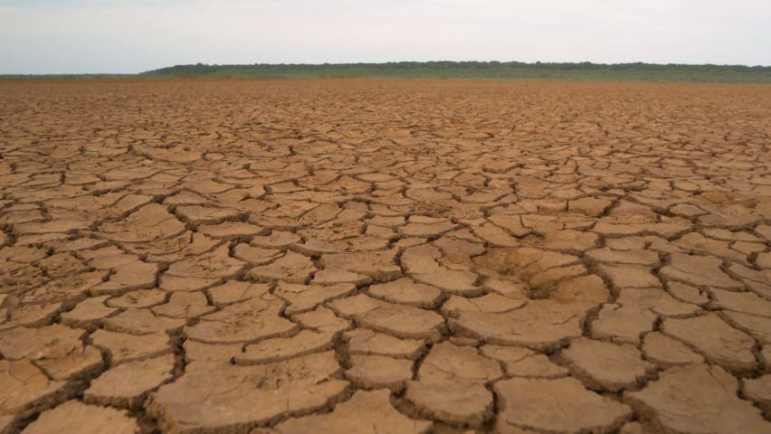 CLOSE UP: Big area of cracked soil caused by long draught. Brown desiccated land with ground cracks and no vegetation. Dry landscape with crack pattern caused by lack of water. | Shutterstock HD Video #1089526375