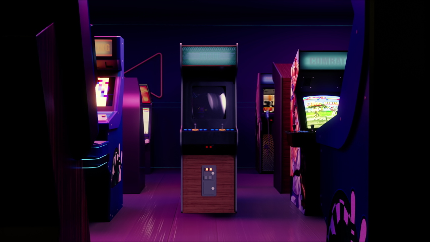 Camera Zoom To Arcade Machine Screen. A retro arcade room. 3D Animation render. Isolated closeup. Royalty-Free Stock Footage #1089526489
