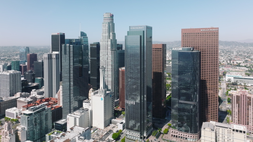 Los Angeles, USA April 2022. Urban aerial view beautiful downtown on blue sky sunny day in California. Scenic view on Los Angeles highrise cityscape, business financial district with banks buildings