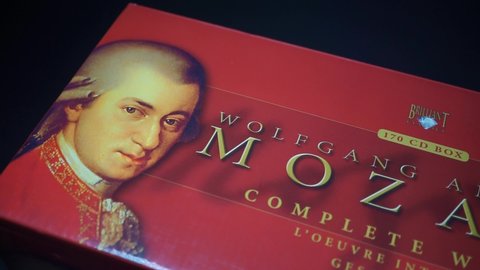 Rome, Italy - April 12, 2022, detail of the box containing the complete musical work by Wolfgang Amadeus Mozart, coplete works, the full oeuvre gesamtwerk, with 170 cd.