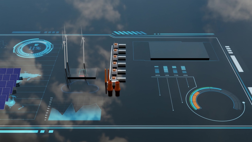 Solar panel, wind turbine and nuclear power green energy concept animation. Renewable energy data charts animation with 3D objects. 3D rendering animation. - Powered by Shutterstock - Get 15% off with code: PIKWIZARD15