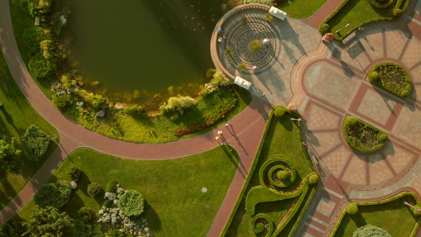 View from above on a garden park pond. Aerial top view.