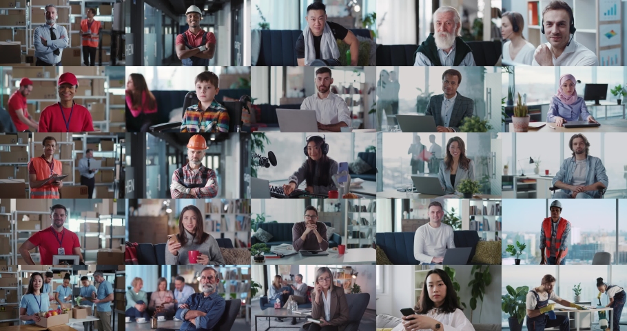 Multiscreen of different people children and adult working at the laptop remote work education online. Close up