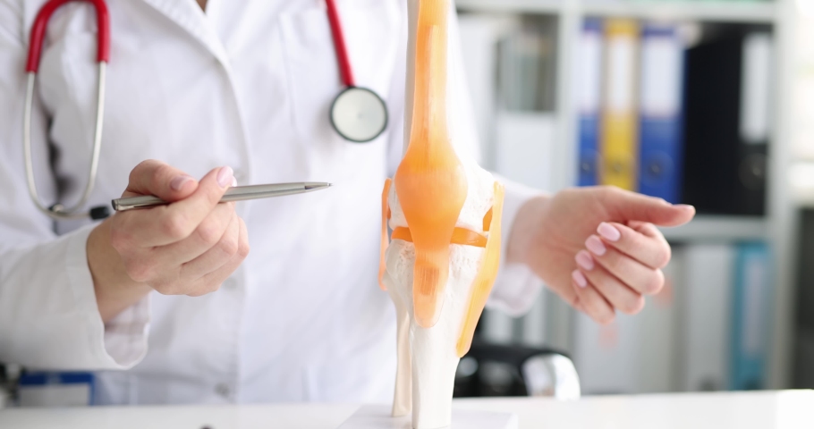 Traumatologist demonstrates bones of knee joint on artificial model closeup Royalty-Free Stock Footage #1089538491