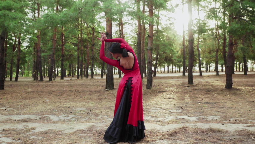 Elegant and graceful asian woman are dancing Traditional Spanish dance in summer forest