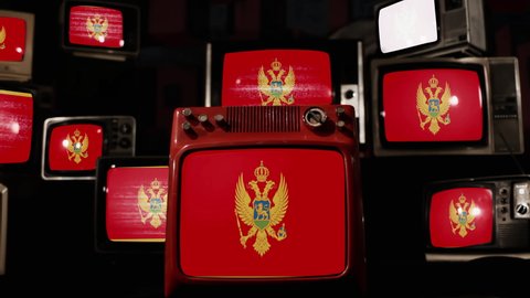 Flag of Montenegro and Vintage Televisions. 4K Resolution.