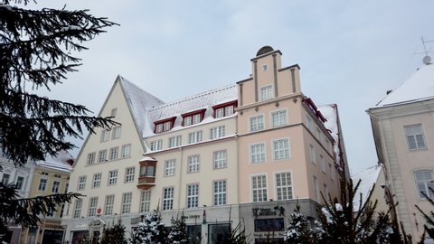 Old houses in the center of Tallinn. European urban architecture in winter. Tallinn, Estonia, february 2022