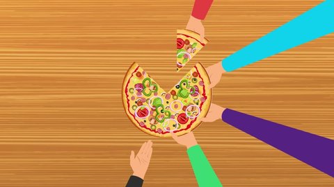 Family members taking pizza slices from the table 4K animation. Hands taking pizza slices. Eating pizza concept with friends, family, or colleagues 4K footage. Sharing food with friends animation.