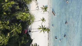 Vertical video boats in the ocean near the coast of Zanzibar, Tanzania, aerial view