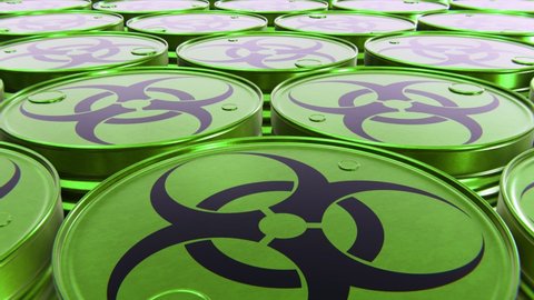 Realistic dolly camera looping 3D animation of the green toxic waste barrels with Biological hazard or Biohazard symbol rendered in UHD
