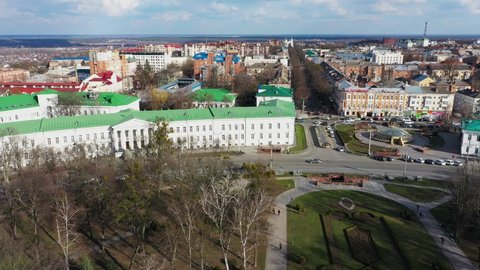 Poltava, Ukraine - April 2022: The Poltava central part city aerial panorama view