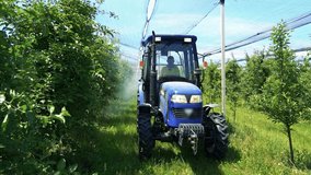 Farmer Driving Tractor And Spraying Apple Orchard Covered With Hail Protection Nets - Slow Motion Video. Tractor Spraying Trees In An Apple Orchard To Protect Them From Pests And Diseases.
