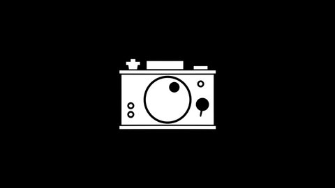 White picture of camera on a black background. old film camera. Distortion liquid style transition icon for your project. 4K video animation for motion graphics and compositing.