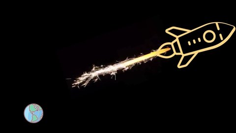 Animation of yellow cartoon rocket ship leaving earth with blaster engine fire and planet earth shrinking in the distance