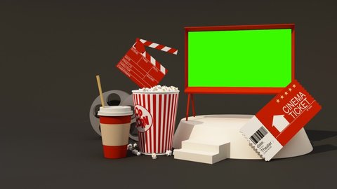 The concept of watching movies online at home with tablet and screen Surrounded by movie equipment, movie tickets, film reels, movie cameras Popcorn, drinks with armchair. 3d rendering animation loop