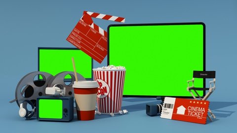 The concept of watching movies online at home with tablet and screen Surrounded by movie equipment, movie tickets, film reels, movie cameras Popcorn, drinks with armchair. 3d rendering animation loop