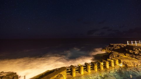 A nighttime starlapse of the charco azul natural pools in la palma, canary islands