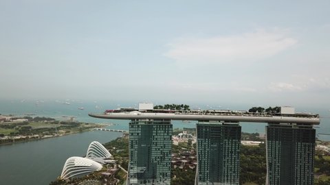 Singapore April 4th, 2018: Aerial view of Singapore business district and the landmark marina bay sands hotel taken with DJI drone
