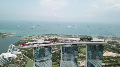 Singapore April 4th, 2018: Aerial view of Singapore business district and the landmark marina bay sands hotel taken with DJI drone